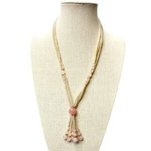 Vintage Faux Pearl & Rose Quartz Necklace 24" and 3" Tassel Box Clasp